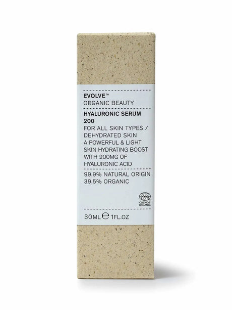 Evolve organic beauty Hyaluronic Serum 200 for all skin types/ dehydrated skin a powerful & light skin hydrating boost with 200mg of hyaluronic acid. 99.9% natural origin, 39.5% organic. 30ml e 1fl.oz"