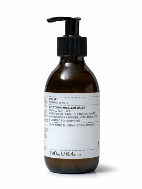 Evolve organic beauty deep clean micellar water for all skin types an effective 2 in 1 cleanser/ toner with morning peptides, hyaluronic acid & organic pomegranate. 100% natural origin, 50.9% organic. 190ml e 6.4 fl.oz"