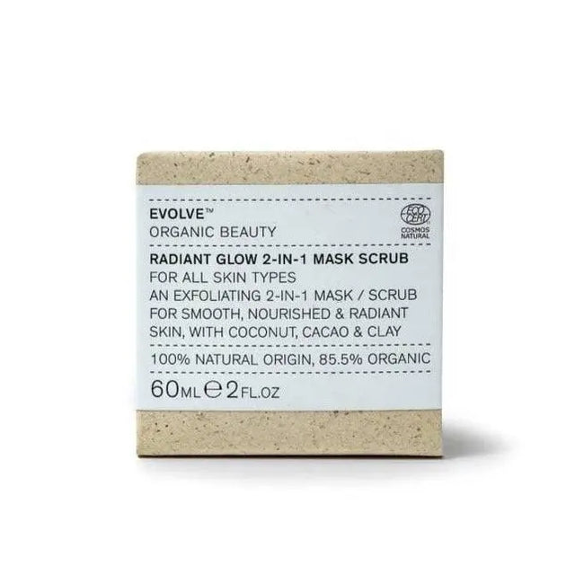 Evolve organic beauty Radiant Glow 2-in-1 Mask Scrub, for all skin types, an exfoliating 2-in-1 mask / scrub for smooth, nourished & radiant skin, with coconut, cacao & clay. 100% natural origin, 85.5% organic. 60ml e 2fl.oz"
