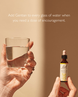 Infographic which contains one hand holding a glass of water and other hand holding Bach™ Original Flower Remedy Gentian 20ml and on the top says"Add Gentian to every glass of water when you need a dose of encouragement."
