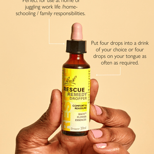 Infographic of a hand holding the Rescue® Remedy Dropper 20ml and two sentences that says"Perfect for use at  home or juggling work life/home-schooling/family responsabilities"  and "Put four drops into a drink of your choice or four drops on your tongue as often as required".
