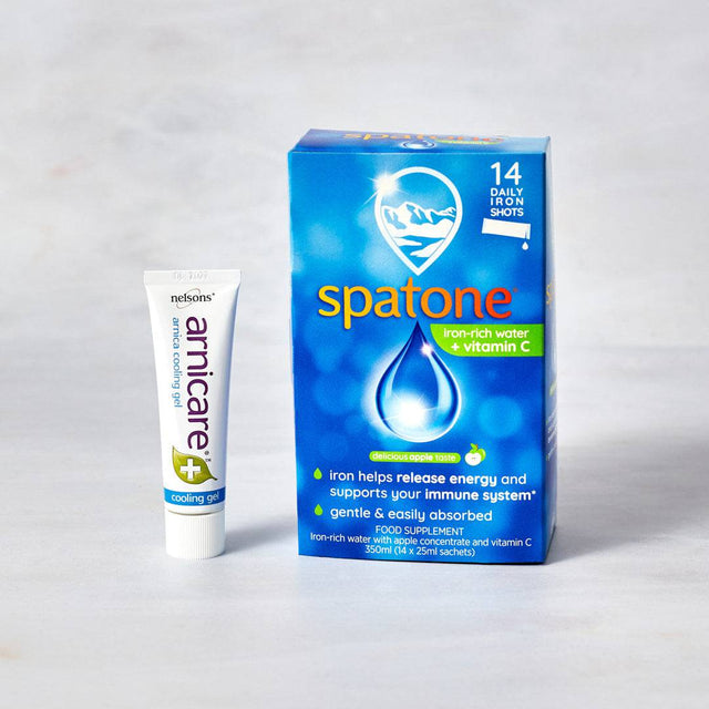 Spatone apple 14 day pack next to Nelsosn Arnicare Arnica Cooling Gel.