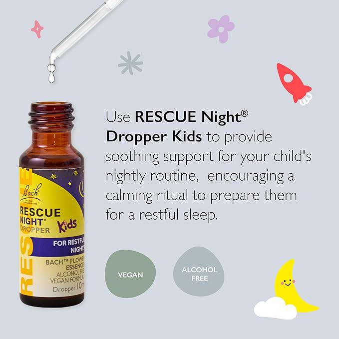Infographic with a kid night dropper and a phrase that says"Use Rescue Night Dropper Kids to provide soothing support for your child's nightly routine, encouraging a calming ritual to prepare them for a restful sleep"  vegan & alcohol free