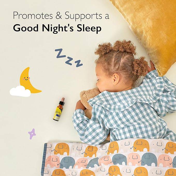 Infographic which contains a girl sleeping next to the kids night dropper and a phrase that says  "Promotes & support a Good Night's Sleep"