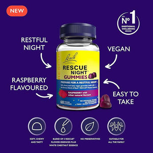 Infographic with RESCUE® 60 Night Gummies  bottle in the middle  and  benefits around (Restful night, Vegan, Raspberry flavoured, Easy to take) and on the bottom (Soft chewy and tasty, Blend of 5 Rescue flower essences plus white chestnut essence, No preservatives, Suitable for all family). 