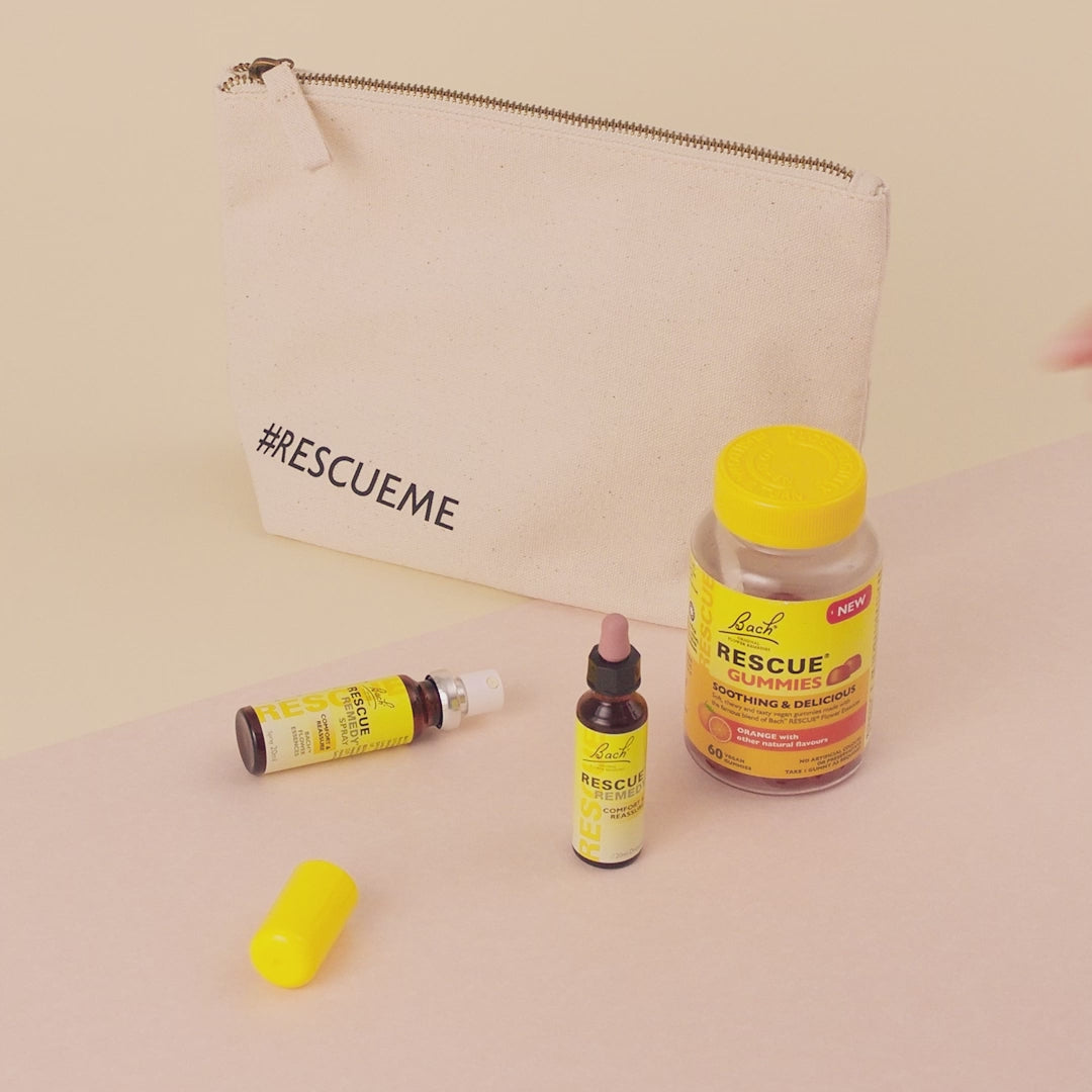 A video showing the Everyday Calm Kit products, Rescue 60 Gummies, Rescue Remedy Spray and a hand picking Rescue Remedy Dropper.