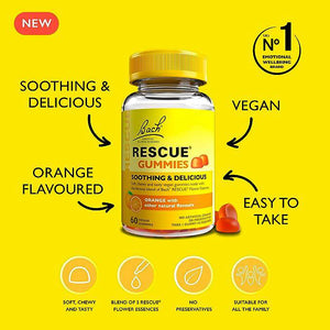 Infographic with RESCUE® 60 Gummies bottle in the middle and benefits around (Soothing & delicious, Vegan,  Orange flavoured, Easy to take) and on the bottom (Soft chewy and tasty,  Blend of 5 Rescue flower essences, No preservatives, Suitable for all family).