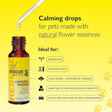 Infographic information about Rescue Pet Dropper Benefits( Calming drops for pets made with natural flower essences, ideal for: Separation, Groomer visits, Loud noises fireworks & thunder, Adapting to new people and other pets, Travel and adapting to new surroundings).